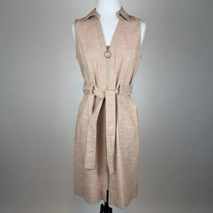 Sharagano Tan Sleeveless Belted Zip Front Sheath Dress Sz 6 Utility Career Corp